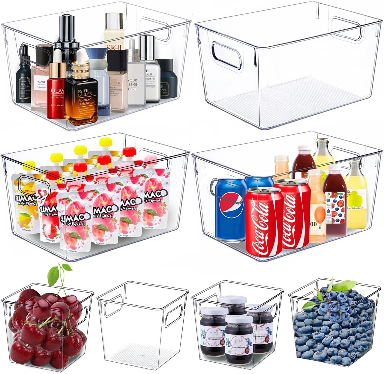 8 Pack Clear Plastic Storage Bins, 4 Large and 4 Small Refrigerator Organizer Bins with Handles, Pantry Organization and Storage for Kitchen,Fridge, Freezer,Home Edit and Cabinet